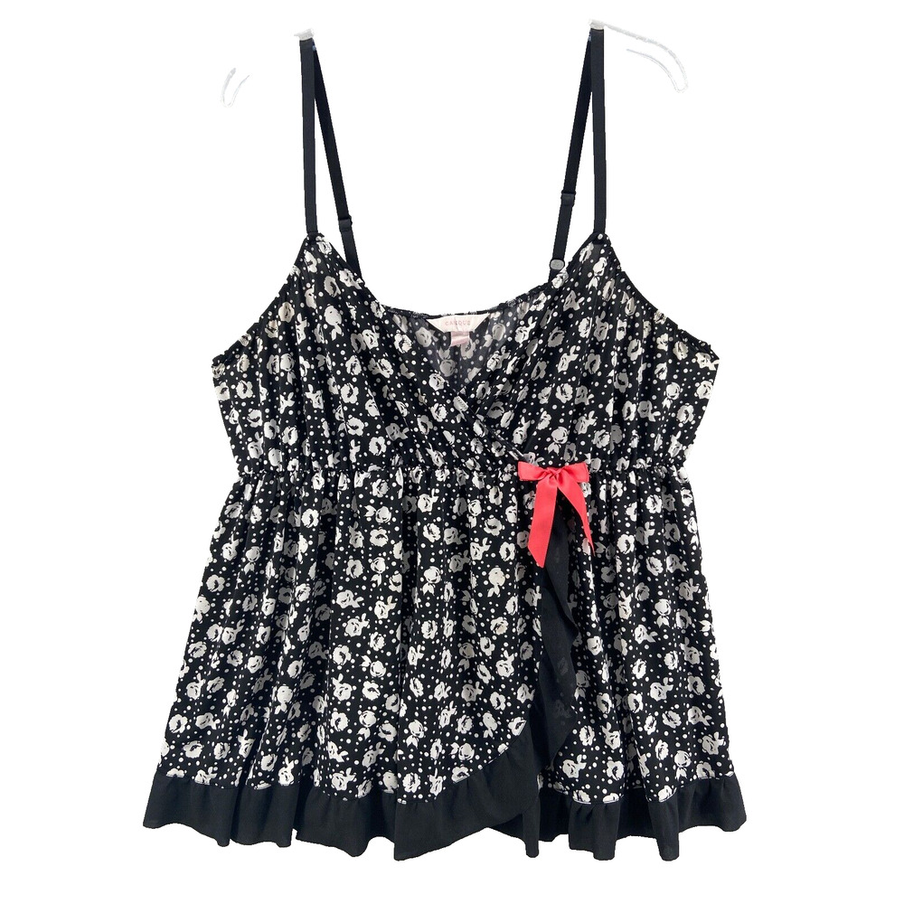 Cacique Gown Lingerie Women’s Sz 26/28 Plus‎ Black White Floral Bow Faux Wrap